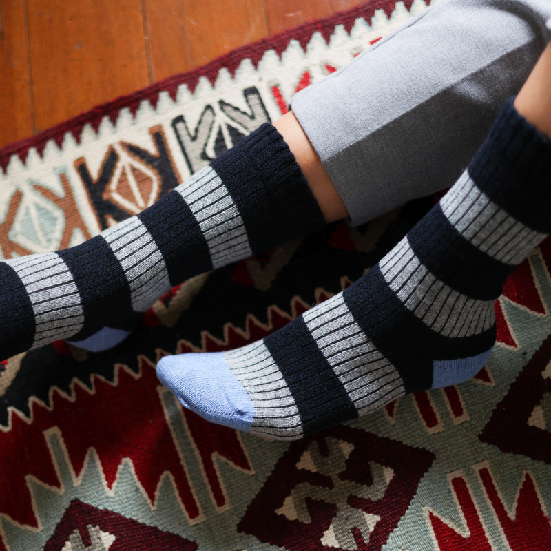Merino Wool Socks with Stripe / Navy + Grey