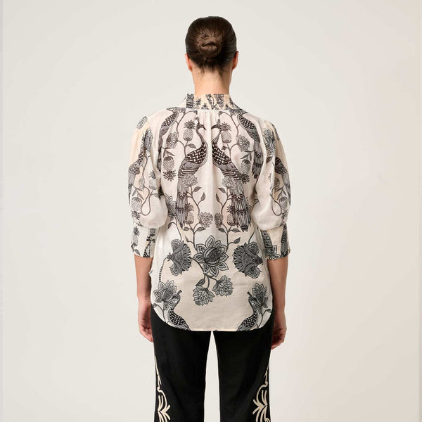 Oleander Print Shirred Collar Blouse / Imperial Stone