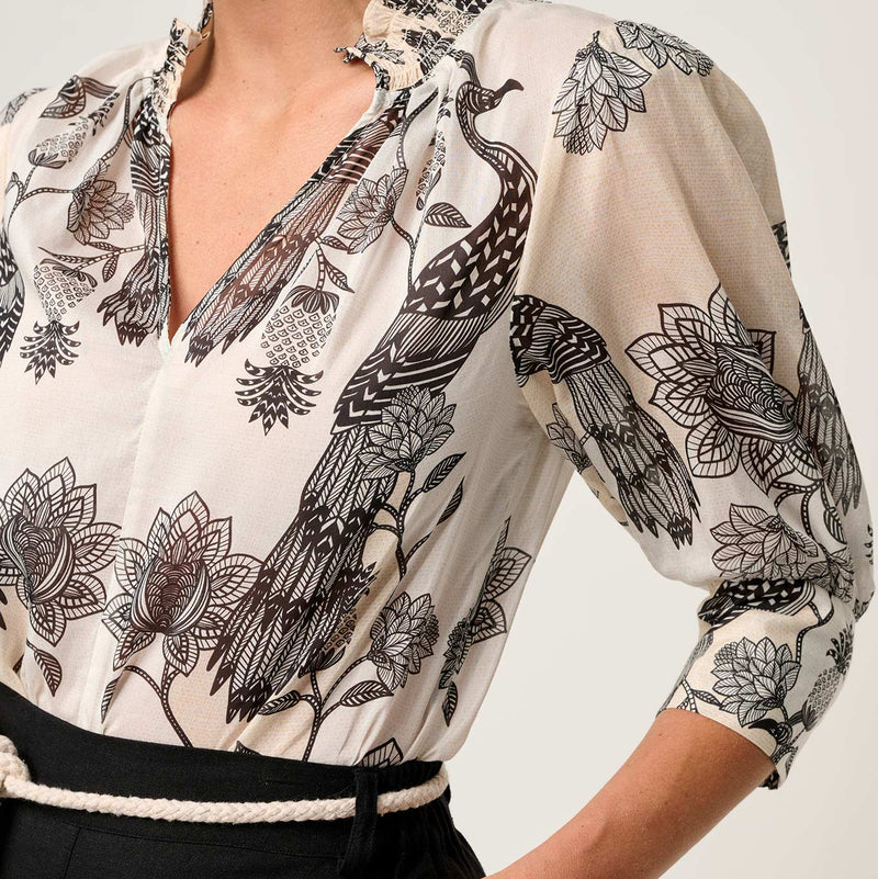 Oleander Print Shirred Collar Blouse / Imperial Stone
