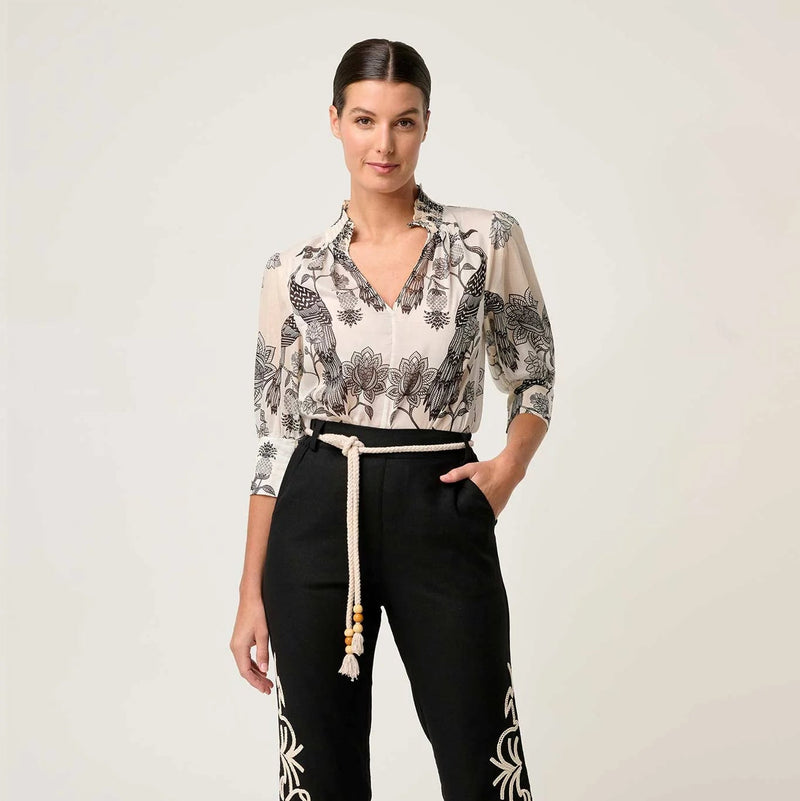 Oleander Print Shirred Collar Blouse / Imperial Stone