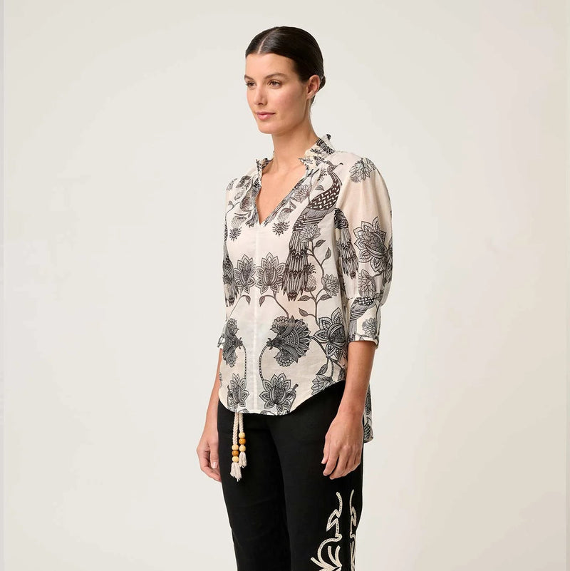 Oleander Print Shirred Collar Blouse / Imperial Stone