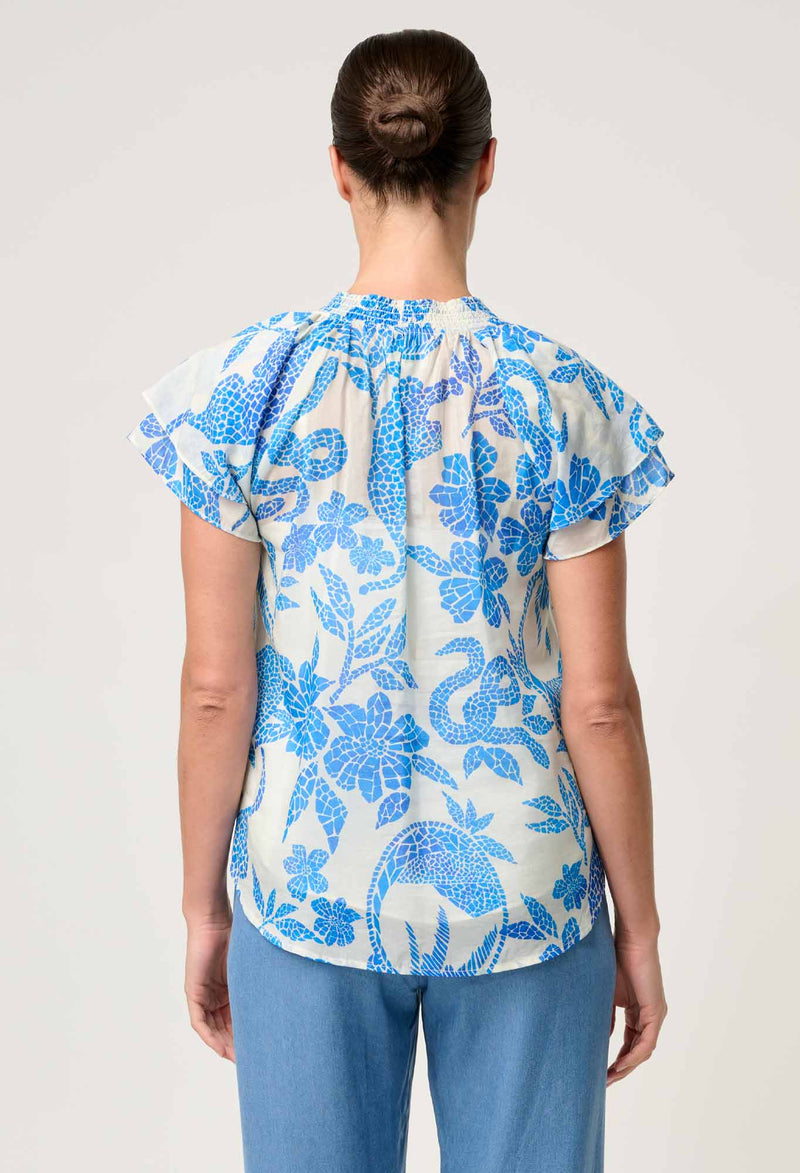 Calandra Flutter Sleeve Top / Azure Mosaic