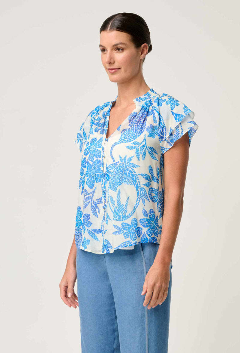 Calandra Flutter Sleeve Top / Azure Mosaic