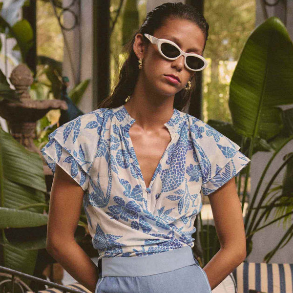 Calandra Flutter Sleeve Top / Azure Mosaic