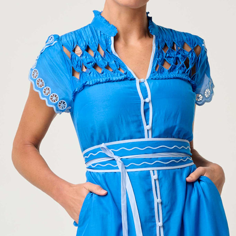 Xanthia Smock Yoke Dress / Blue Topaz