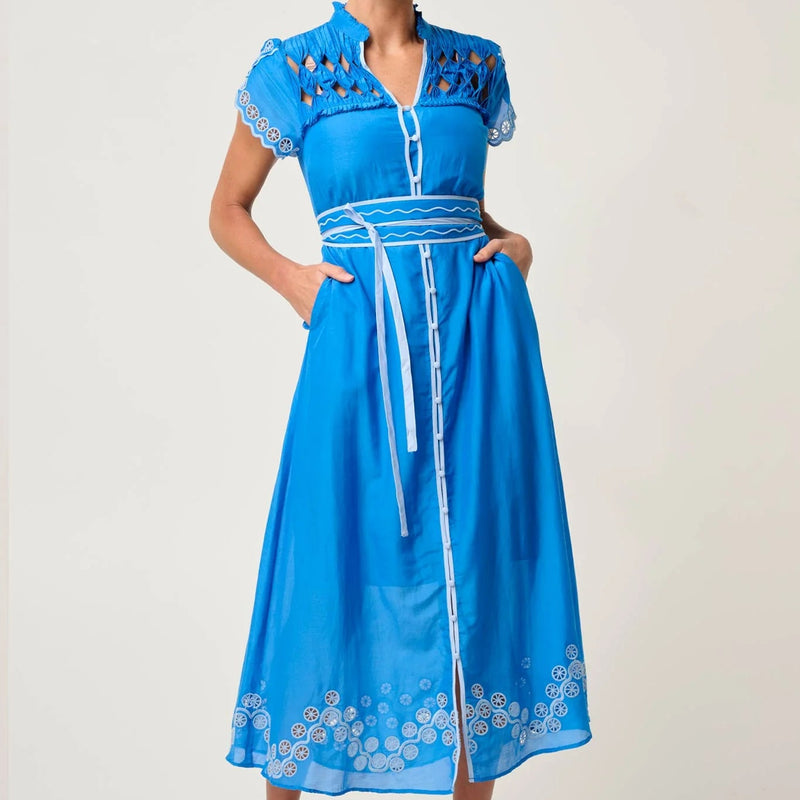Xanthia Smock Yoke Dress / Blue Topaz