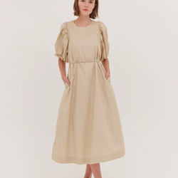 The Puff Sleeve Midi Dress / Beige