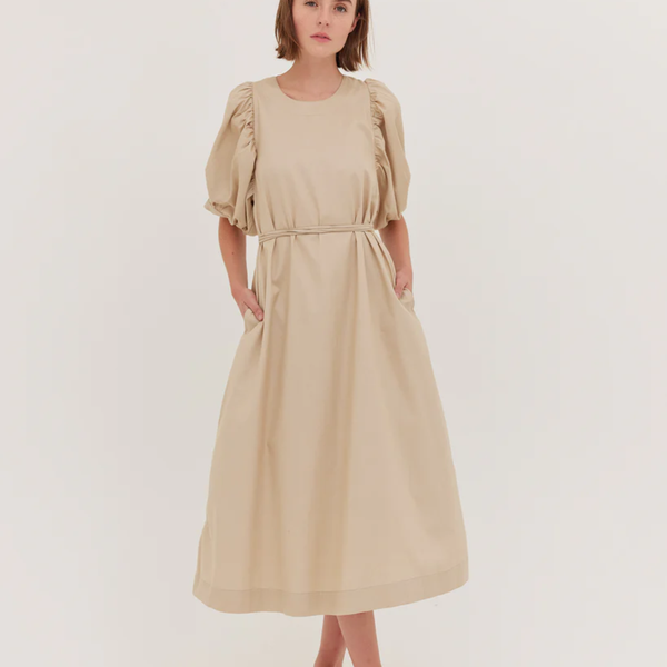 The Puff Sleeve Midi Dress / Beige
