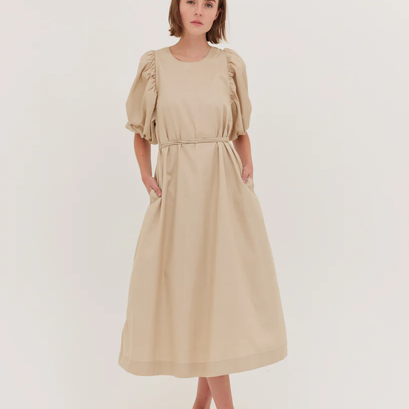 The Puff Sleeve Midi Dress / Beige