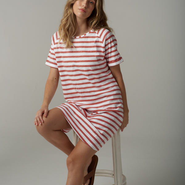 Stripe Raglan Dress / White + Terracotta