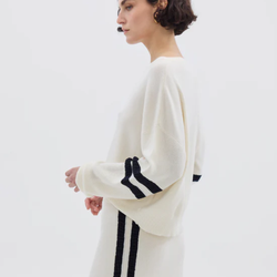 Ruched Striped Rib Sweater / Cream
