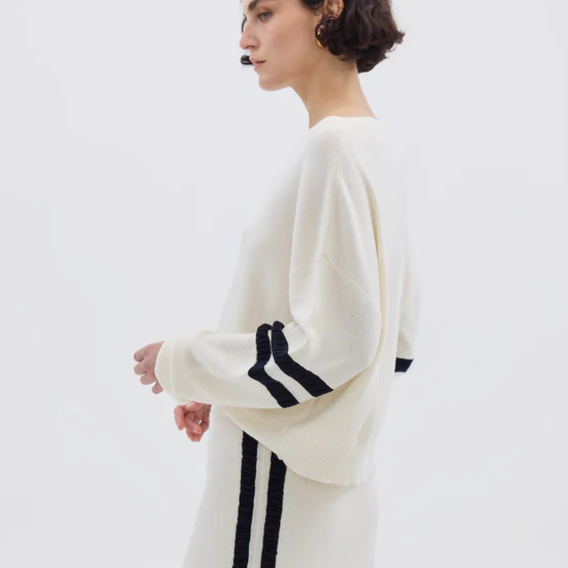 Ruched Striped Rib Sweater / Cream