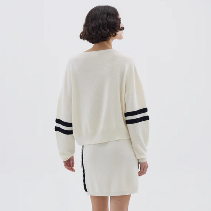 Ruched Striped Rib Sweater / Cream