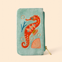 Sparkling Seahorse Velvet Card Holder / Aqua