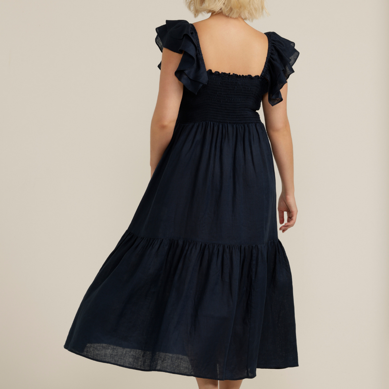 Shirred Bodice Dress / Navy