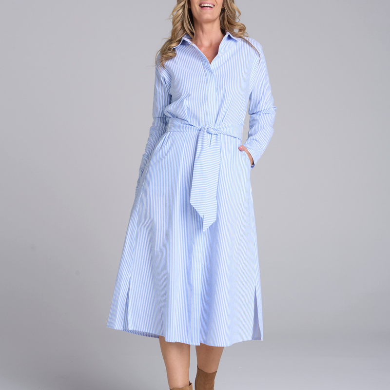Stripe Dress  with belt / Blue + White