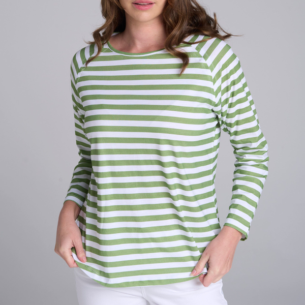 Stripe Raglan LS Tee / White + Leaf Green