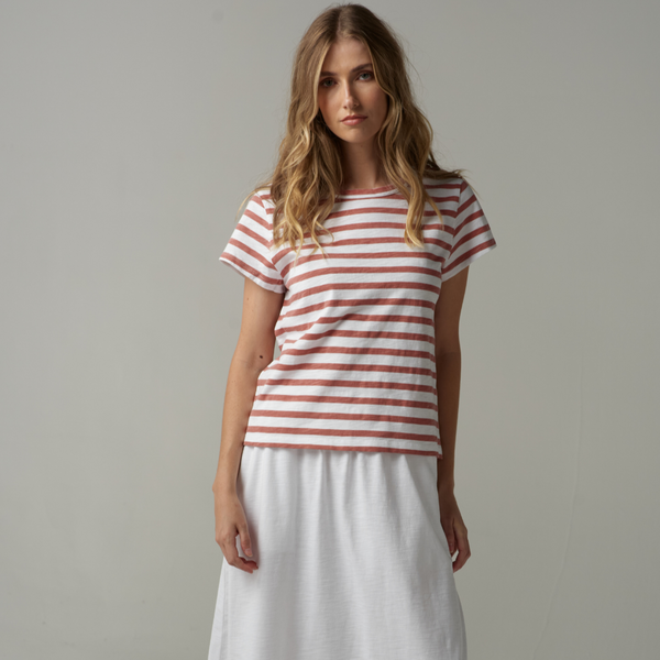 Stripe Basic Tee / White + Terracotta