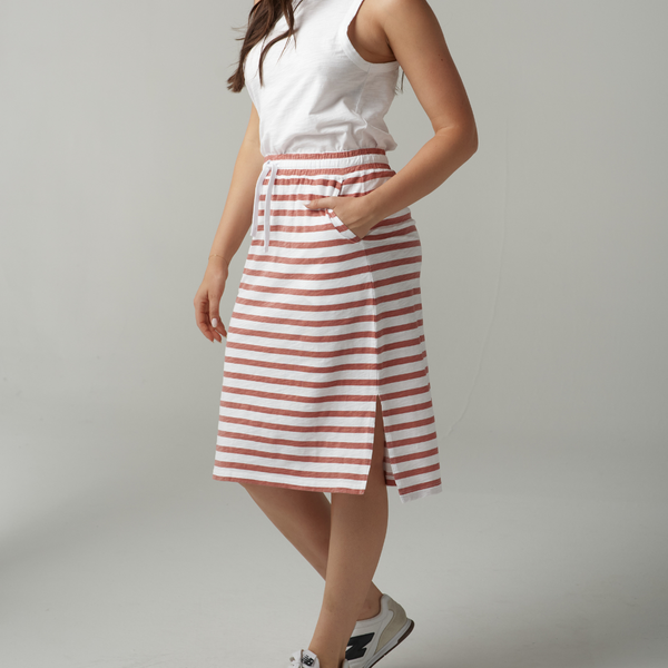 Stripe Drawstring Skirt / White + Terractotta