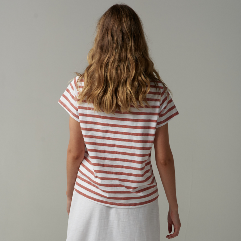Stripe Basic Tee / White + Terracotta