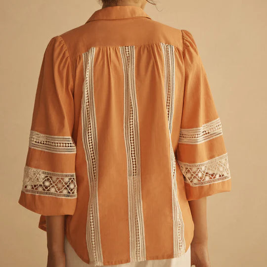 Lace Trim Billow Sleeve Blouse / Tangelo
