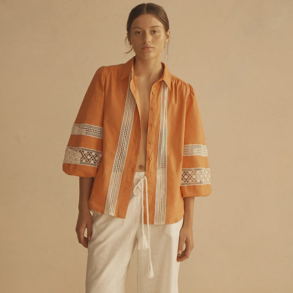 Lace Trim Billow Sleeve Blouse / Tangelo