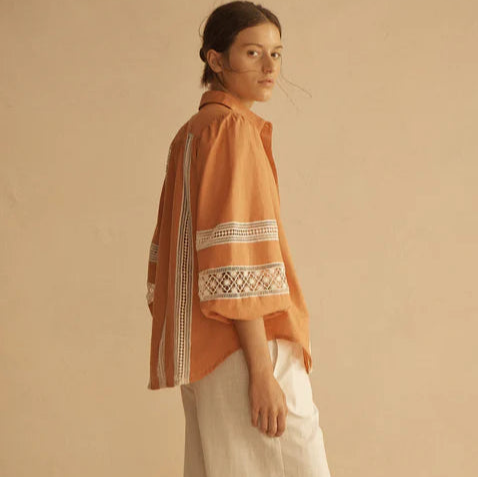 Lace Trim Billow Sleeve Blouse / Tangelo