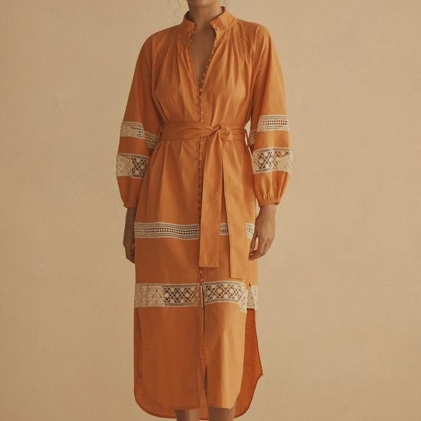 Lace Trim Billow Sleeve Resort Dress / Tangelo