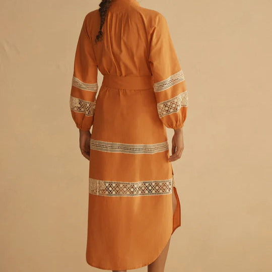 Lace Trim Billow Sleeve Resort Dress / Tangelo