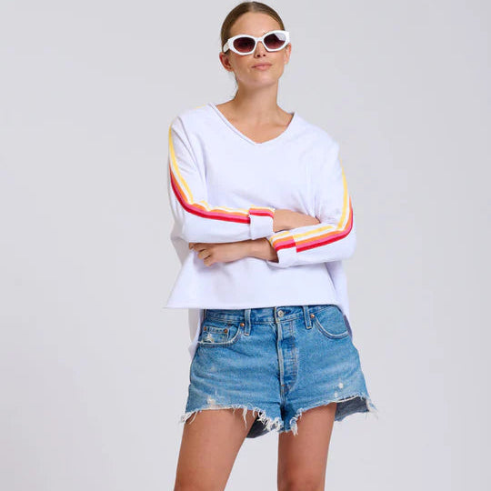 Raw V Neck Tape Sweater / White