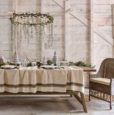 Selvedge Stripe Linen Tablecloth / Green