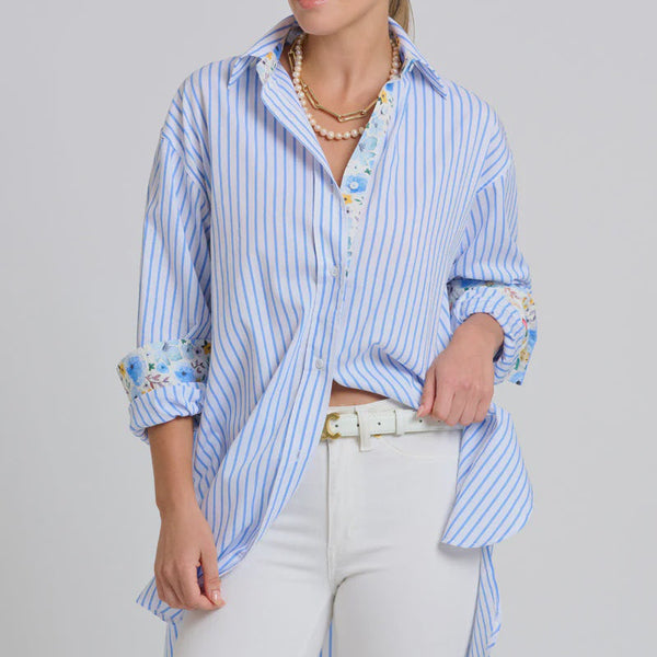 The Boyfriend Shirt / White with Blue Stripe + Floral