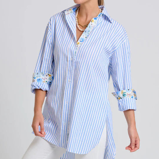 The Boyfriend Shirt / White with Blue Stripe + Floral