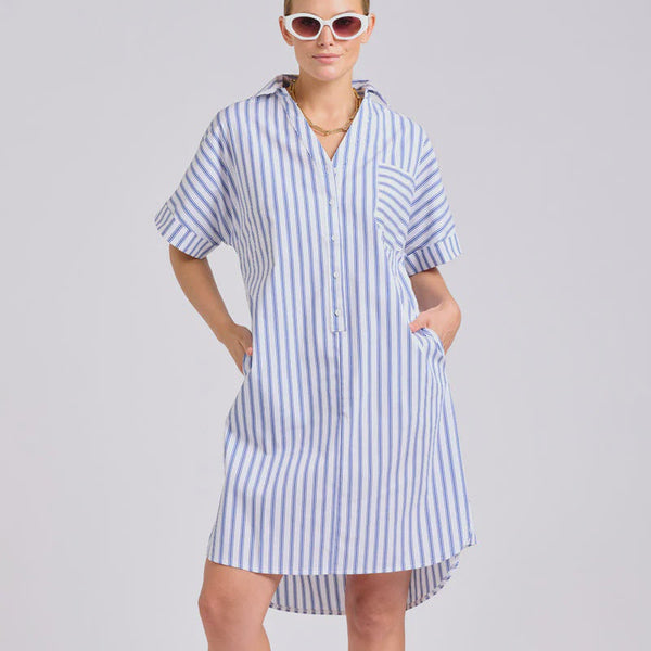 The Ella Shirt Dress / White + Azure Ticking