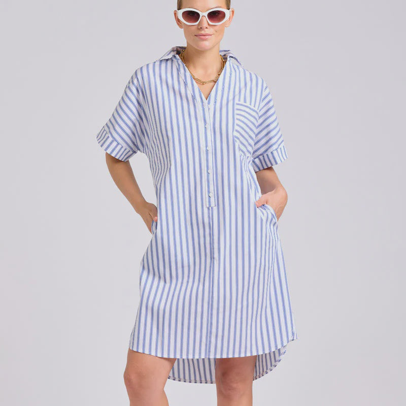 The Ella Shirt Dress / White + Azure Ticking