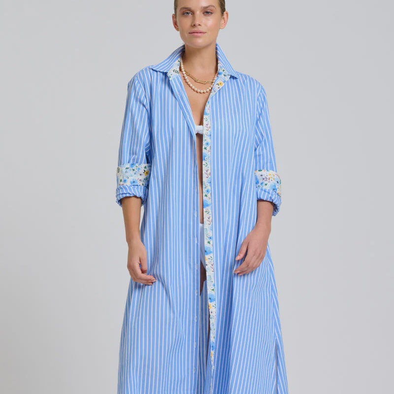 Luna Oversized Long Line Dress / Blue Stripe + Floral