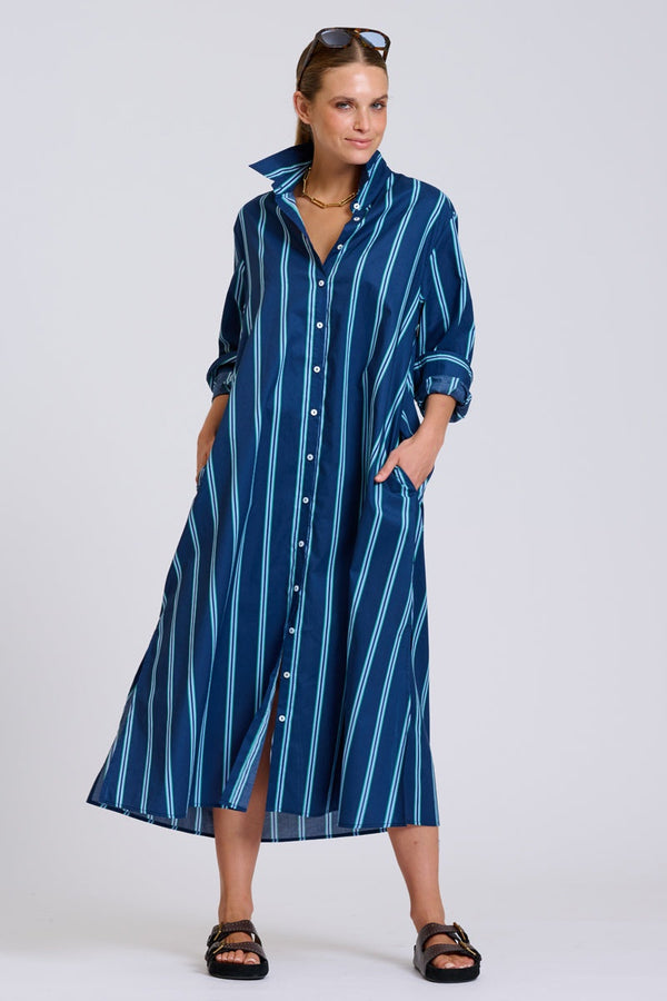 Luna Oversized Long Line Dress / Navy Green Stripe
