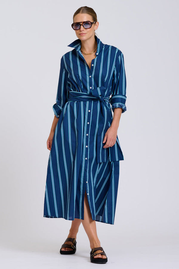 Luna Oversized Long Line Dress / Navy Green Stripe