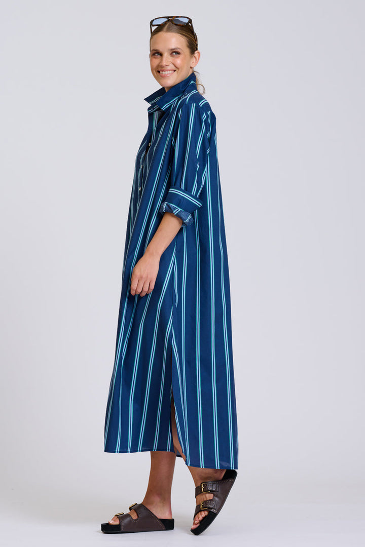 Luna Oversized Long Line Dress / Navy Green Stripe