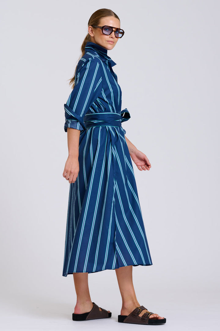 Luna Oversized Long Line Dress / Navy Green Stripe