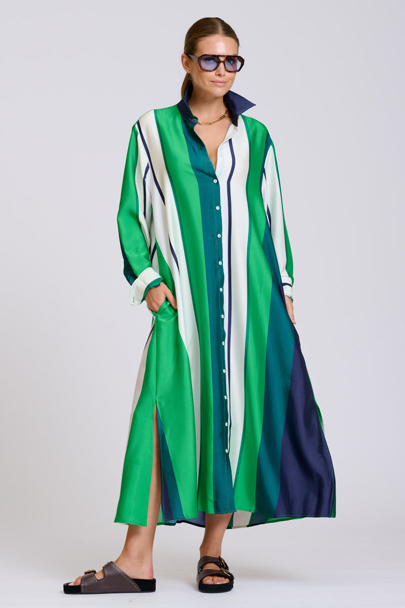 Luxe Luna Longline Shirt Dress / Navy Green Stripes