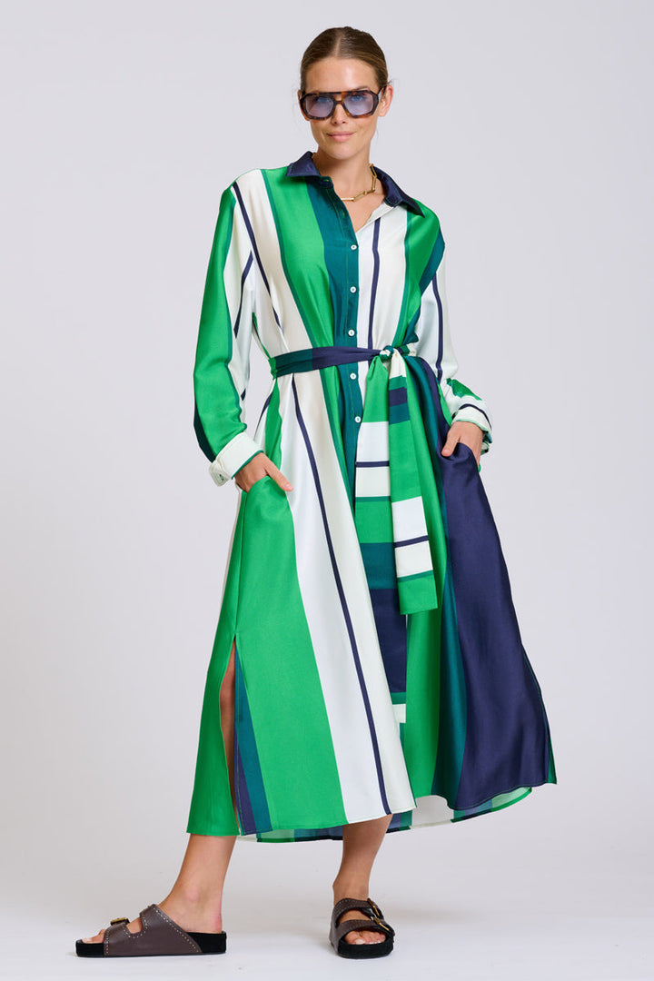 Luxe Luna Longline Shirt Dress / Navy Green Stripes