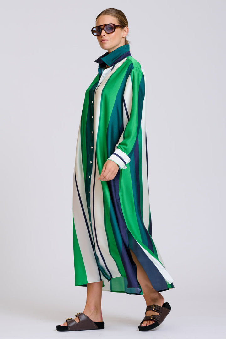 Luxe Luna Longline Shirt Dress / Navy Green Stripes