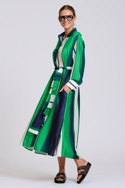 Luxe Luna Longline Shirt Dress / Navy Green Stripes
