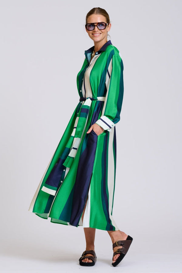 Luxe Luna Longline Shirt Dress / Navy Green Stripes