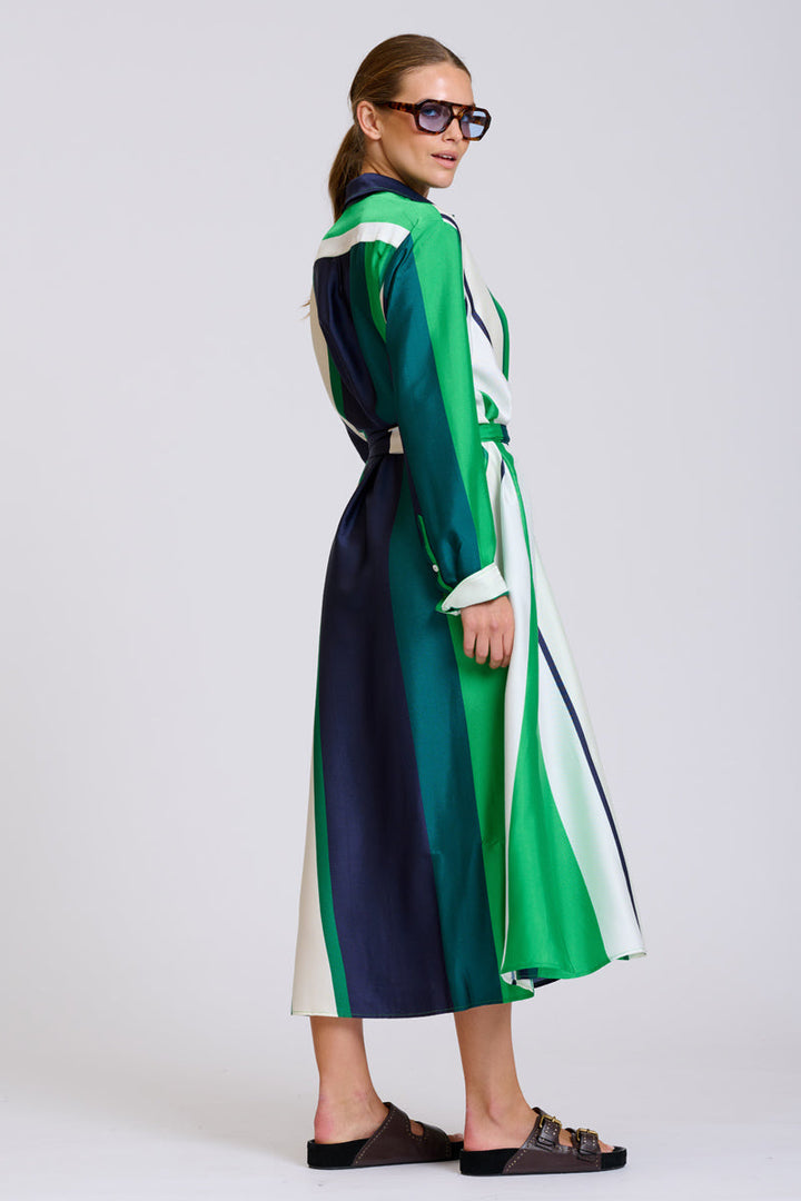 Luxe Luna Longline Shirt Dress / Navy Green Stripes