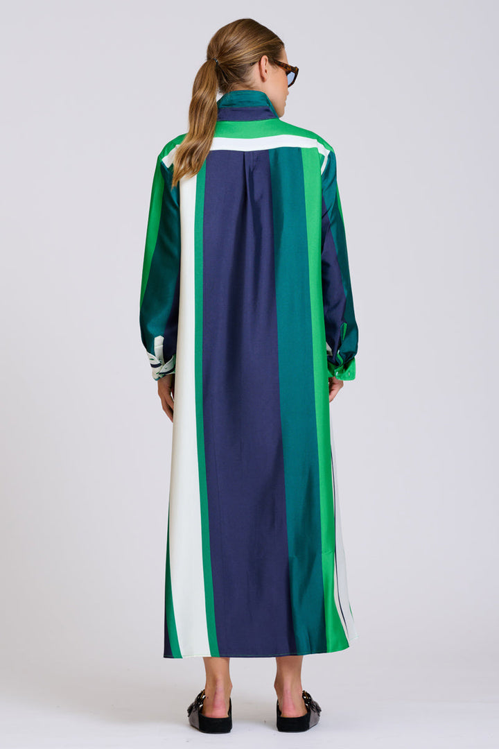 Luxe Luna Longline Shirt Dress / Navy Green Stripes