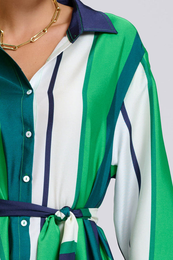 Luxe Luna Longline Shirt Dress / Navy Green Stripes