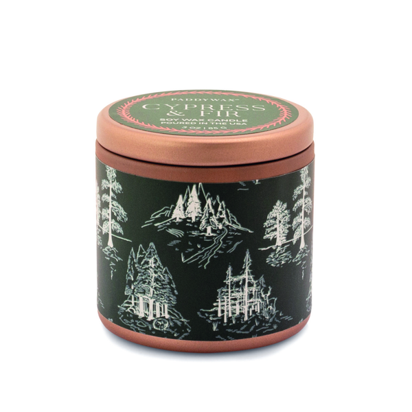 Cypress Fir Copper Tin Candle 30z / White Wrap