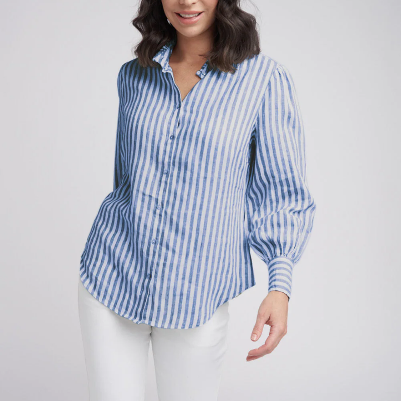 Frill Detailed Stripe Shirt / Opal + White